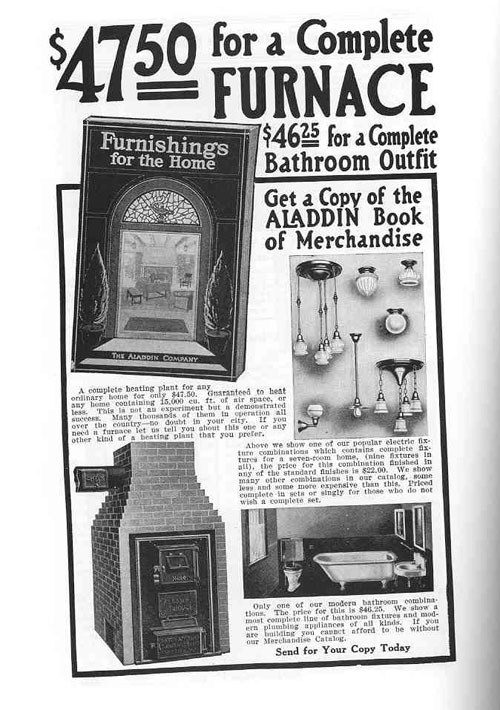 Advertisement for a furnace - $47.50 for a complete furnace! $46.25 for a complete bathroom outfit!