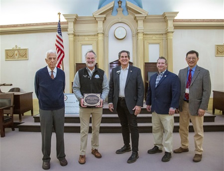  Martin Heller of Madison, Madison Mayor Robert H. Conley, Morris County Commissioner Deputy Director Stephen H. Shaw, Morris County Director of Planning and Preservation Joe Barilla, and Historic Program Coordinator Ray Chang.