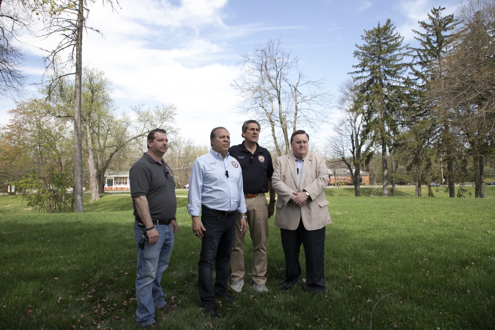 A group photo during the April 16, 2026 video shoot at the former St. Francis property. (l-r) Joe Barilla, director of the Office of Planning and Preservation, Commissioner Thomas Mastrangelo, Commissioner Director Stephen Shaw and Denville Mayor Thomas Andes.