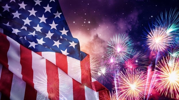 An American flag and fireworks.