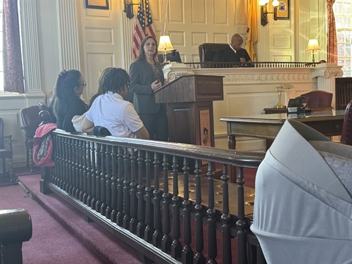 Surrogate Darling speaking in front of a packed courtroom