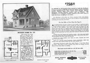Ad for home #121, with illustration and floor plans