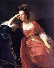 Painting of Gage in an orange dress, resting on a chaise