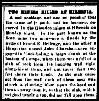 Newspaper clipping: Two Miners Killed at Hibernia.