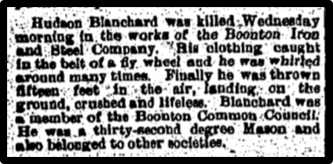 Newspaper clipping: Hudson Blanchard was killed Wednesday morning in the works of the Boonton Iron and Steal Company.