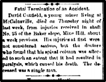 Newspaper clipping: Fatal Termination of an Accident. Died from injuries received in shaft 25 of the Baker slope, Mine Hill, about a week previous.