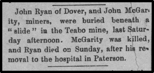 Newspaper clipping: John Ryan of Dover, and John McGarity, miners, were buried beneath a slide in the Teabo mine, last Saturday.