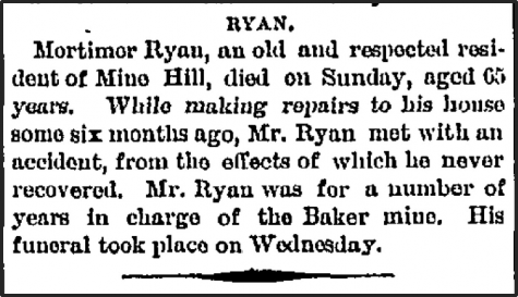Newspaper clipping: Mortimor Ryan, an old and respected resident of Mine Hill, died on Sunday, aged 65 years. While making repairs to his house some six months ago, Mr. Ryan met with an accident, from the effects of which he never recovered.