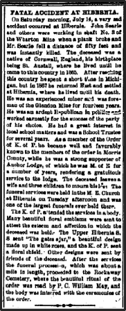 Newspaper clipping: Fatal Accident at Hibernia.