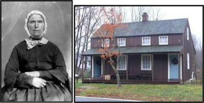 Portrait of Smith in a dress and bonnet, and a modern-day photo of her house.