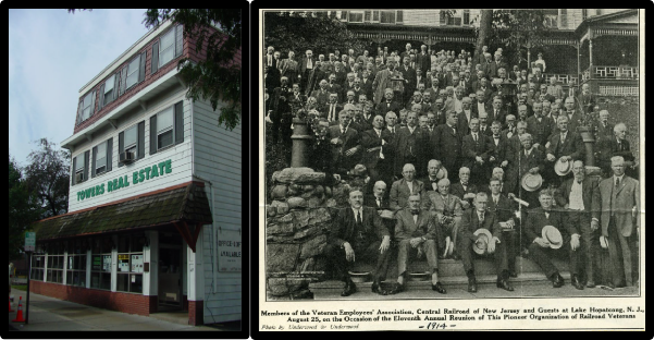 Former train station, now a real estate office, and an old photo of members of the Veteran Employees Association