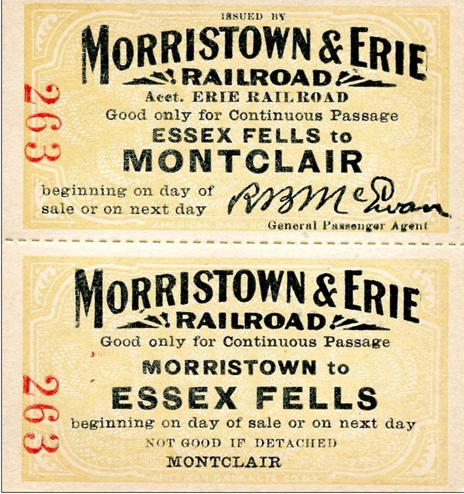 M&E Railroad ticket between Essex Fells and Montclair