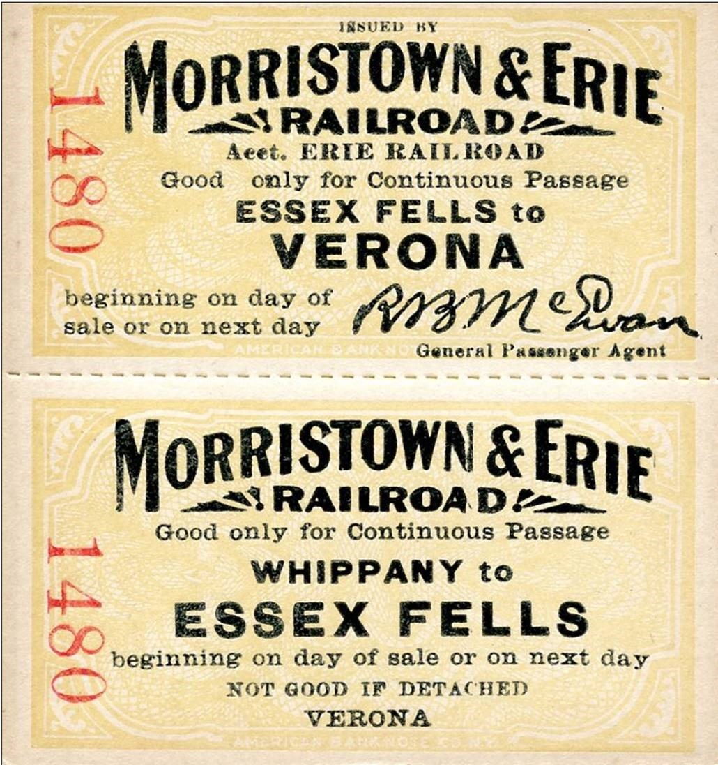 M&E Railroad ticket between Verona and Essex Fells