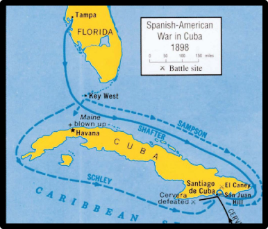 Map showing battle sites and routes in Florida and Cuba