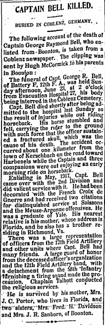 Newspaper clipping announcing the death of Captain Bell