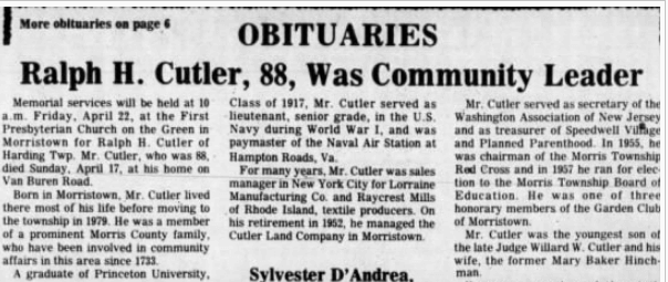 Newspaper clipping of Cutler's obituary