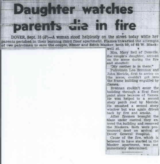 Newspaper clipping with headline: Daughter watches parents die in fire