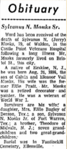 Sylvanus N. Monks' obituary. He was buried in Fantinekill Cemetery, Ellenville.