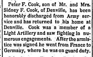 Newspaper clipping announcing Cook's honorable discharge from the Army