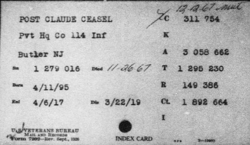 Claude Ceasel Post's veteran's card