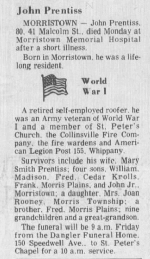 Newspaper clipping of Prentiss' obituary