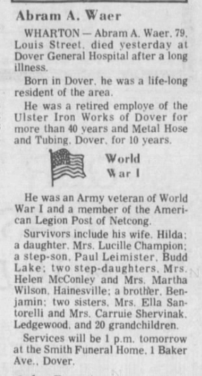 Newspaper clipping of Waer's obituary