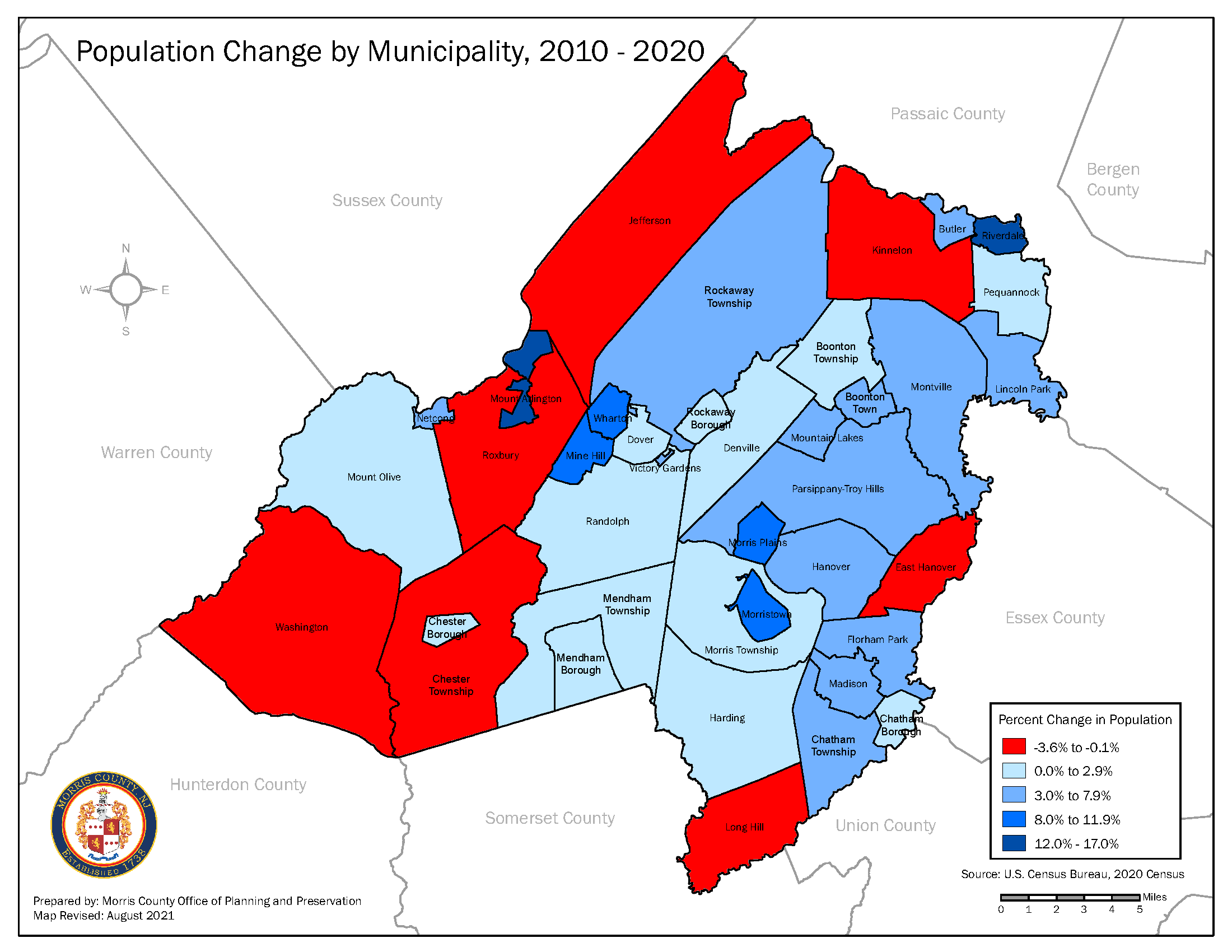 Map showing population change over the last decade. Washington, Chester Twp, Roxbury, Long Hill, East Hanover, Jefferson and Kinnelon lost population.
