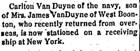 Newspaper clipping reads: Carlton Van Duyne of the navy, son of Mrs. James can Duyne of West Boonton, who recently returned from overseas, is now stationed on a receiving ship at New York.