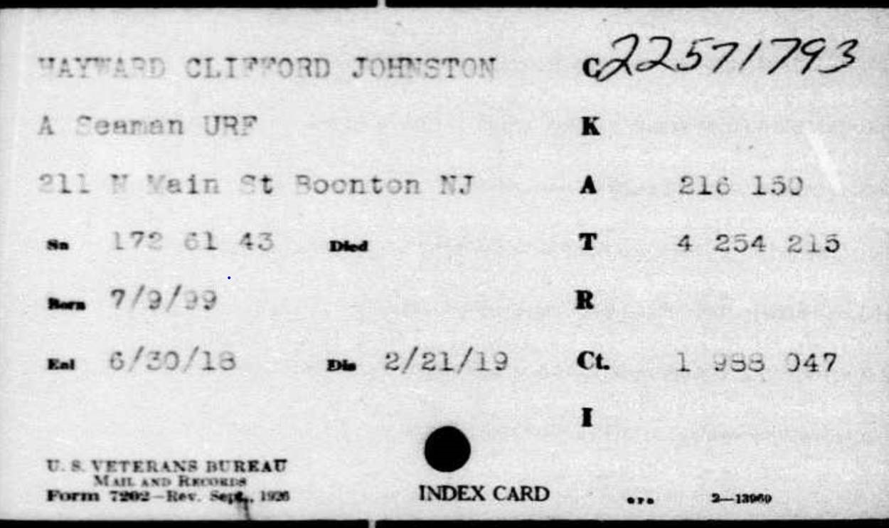 Clifford Hayward's veterans bureau card