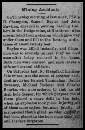 Newspaper clipping: Mining Accidents. Bracining timers...gave way and fell to the bottom, a distance of about 20 feet. Bayles was killed instantly.