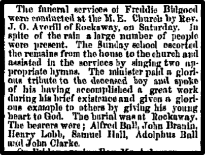 Newspaper clipping: The funeral services of Freddie Bidgood were conducted at the M.E. Church on Saturday.