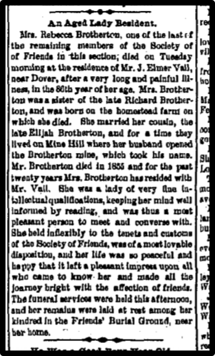 Obituary of Brotherton's wife, Rebecca, which mentions Elijah Brotherton