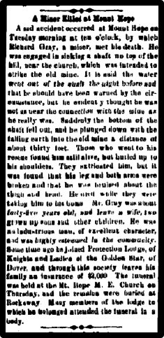 Newspaper clipping: A Miner Killed at Mount Hope.