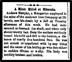 Newspaper clipping: A Miner Killed at Hibernia. Andrewy Hanyke...met his death by a fall on Tuesday afternoon.