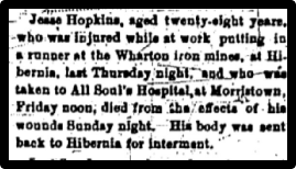 Jesse Hopkins, aged 28 years, who was injured at work putting in a runner at the Wharton iron mines, at Hibernia, last Thursday night, and who was taken to All Soul's Hospital in Morristown, Friday noon, died from the effects of his wounds Sunday Night.
