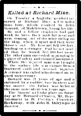 Newspaper clipping: Killed at Richard Mine.