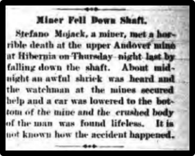 Newspaper clipping: Miner Fell Down Shaft.