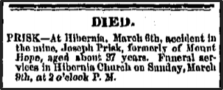 DIED. At Hibernia, March 6th, accident in the mine. Joseph Prisk, formerly of Mount Hope, aged about 37 years.