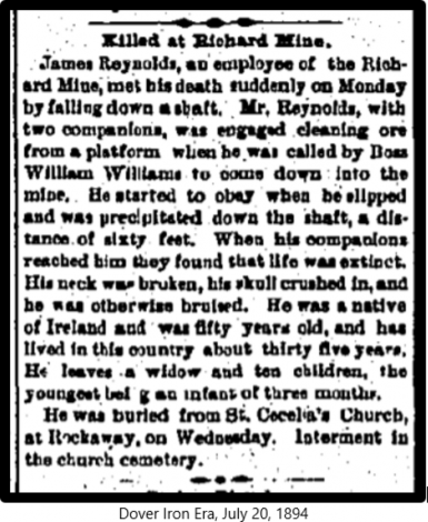 Newspaper clipping: Killed at Richard Mine. James Reynolds, an employee of the Richard Mine, met his death suddenly on Monday by falling down a shaft.