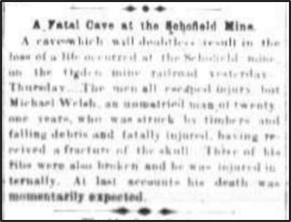 Newspaper clipping: A Fatal cave at the Sehofield Mine.