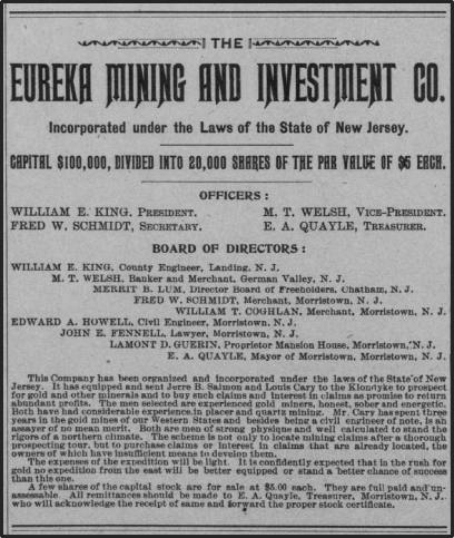 Newspaper clipping: Eureka Mining and Investment Co., Incorporated under the Laws of the State of New Jersey.