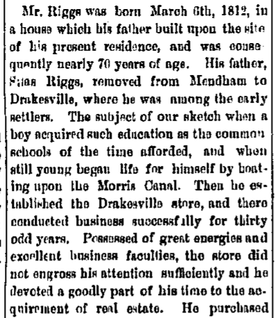 Excerpt from Mr. Riggs' obituary, Dover Iron Era, January 7, 1882