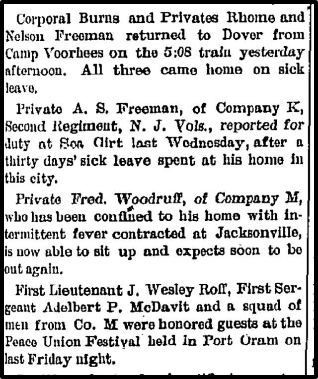 Corporal Burns and Privates Rhome and Nelson Freeman returned to Dover from Camp Coorhees on the 5:08 train yesterday afternoon. All three came home on sick leave.