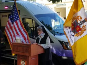 Sister Marlene from the Sisters of Christian Charity Order in Mendham at the unveiling of the new Morris County Sheriff's Office Hope One outreach vehicle.