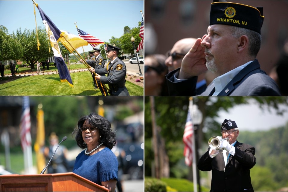 Sheriff's officers holding flags; a veteran salutes; our keynote speaker at the podium; the playing of Taps.