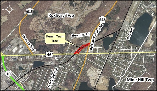 Map showing the location of the Kenvil Team Track, between Berkshire Valley Road and Route 46