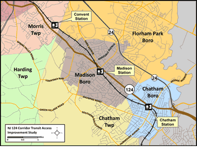 Map showing Convent, Madison, and Chatham train stations