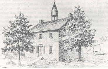 An illustration of the courthouse, surrounded by two trees and topped by a cupola and bell