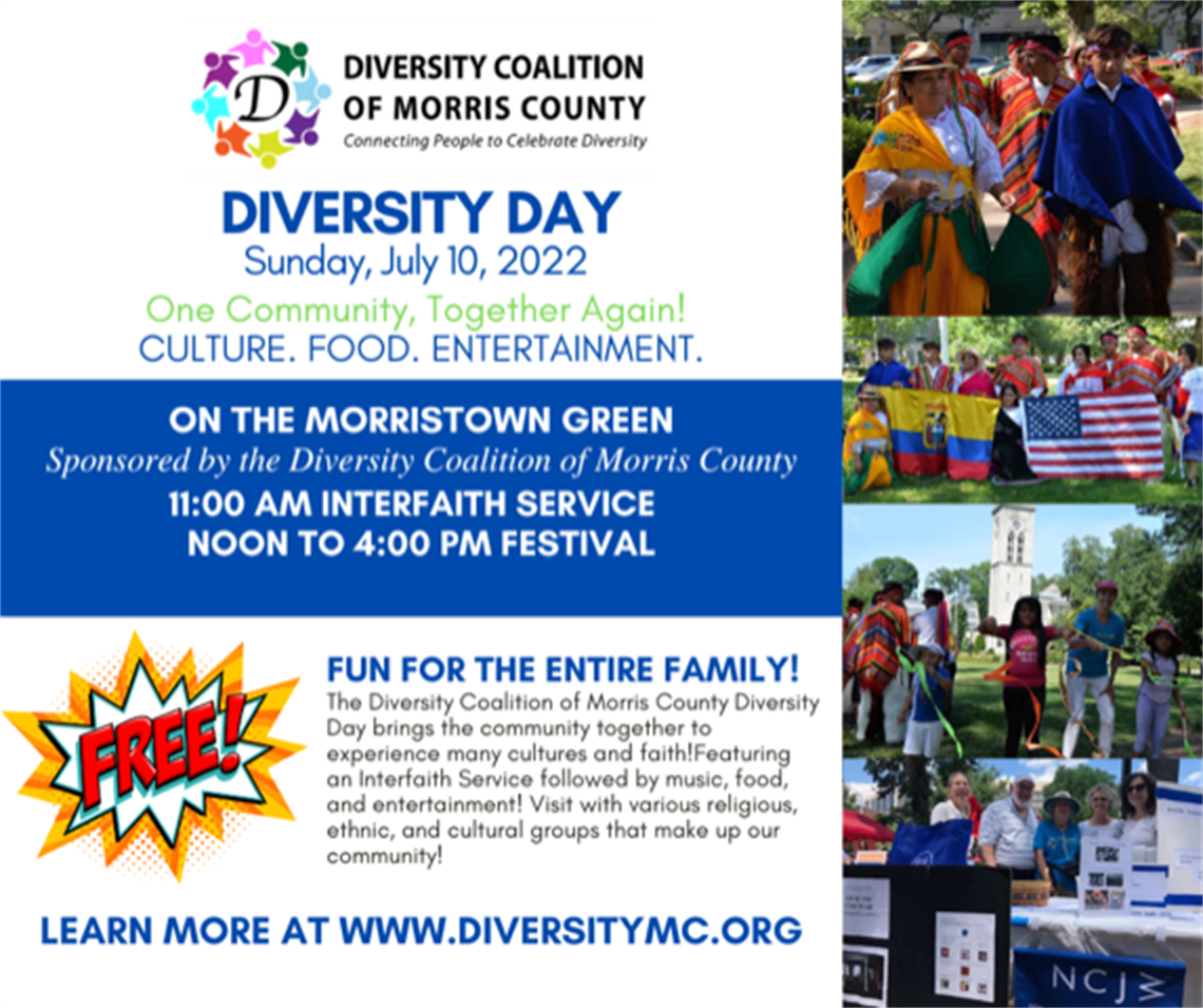 Diversity Day is on May 10 on the Morristown Green. Fun for the entire family, bringing the community together to experience many cultures and faiths!