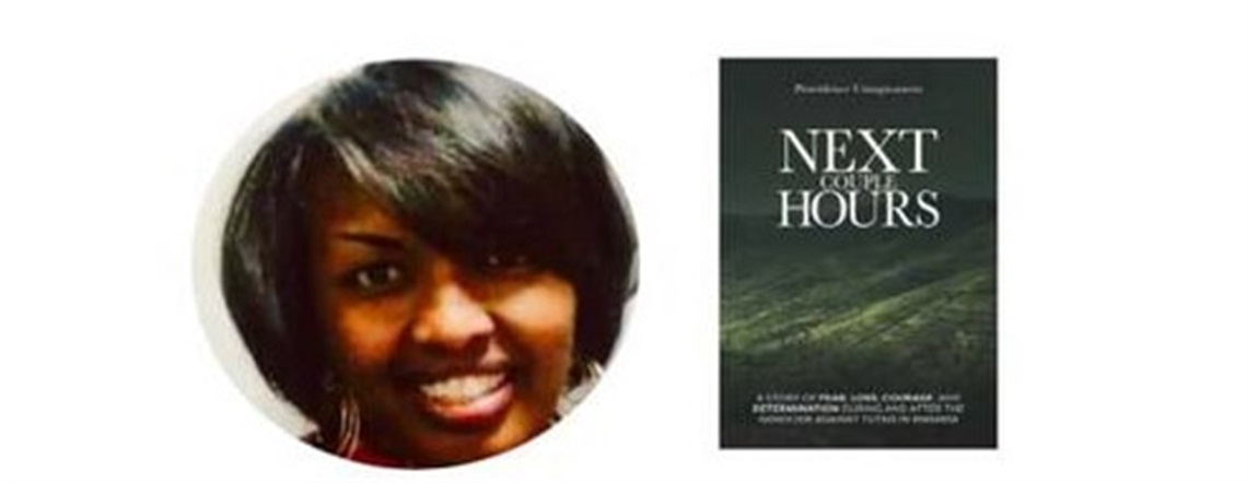 Authors face next to image of book cover
